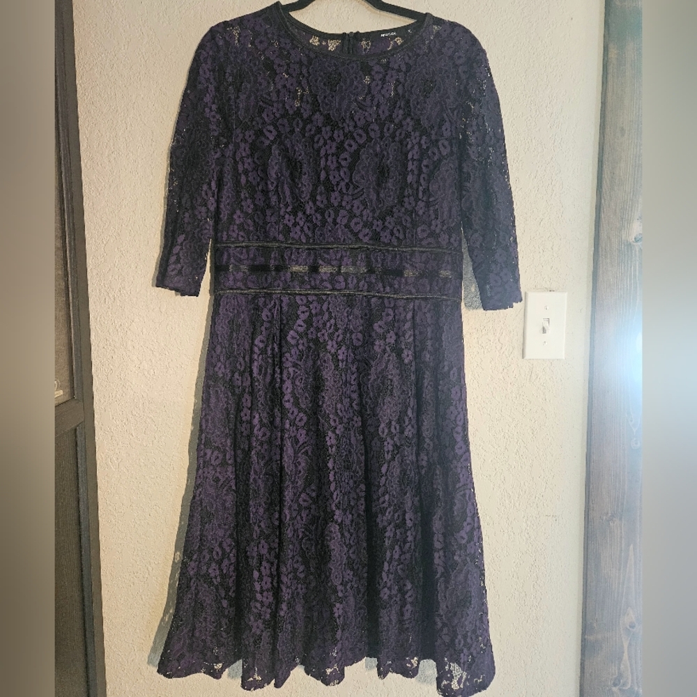 Purple and black lace midi cocktail dress